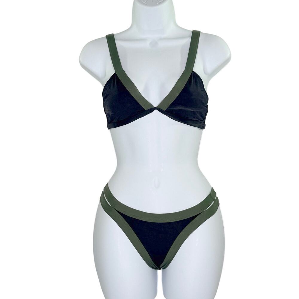 L Space Farrah Top Charlie Bottom Bikini Swimsuit XS/S Black Green Pool Beach